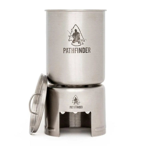 Stainless Steel 32oz Water Bottle And 25oz Cup With Bat Wing Handles Nesting Stove Stand And Grill For Camping And Hiking