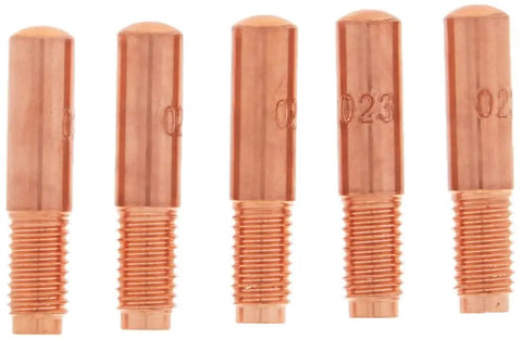 Top Shelf Mig Welder Contact Tips 023 Inch Copper Bore Pack Of Five Fits Miller Millermatic And Hobart Handler Ironman showing five copper tips.