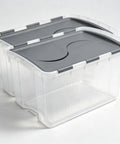 Top Shelf 2 Pack Of 48 Quart Stackable Storage Bins With Clear Plastic Flip Hinge Lids And Gray Finish, showing two clear bins.