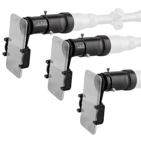 Adjustable Scope Camera Adapter For Phones with Universal Smartphone Mount shown in three setup angles with Quick Twist Lock.