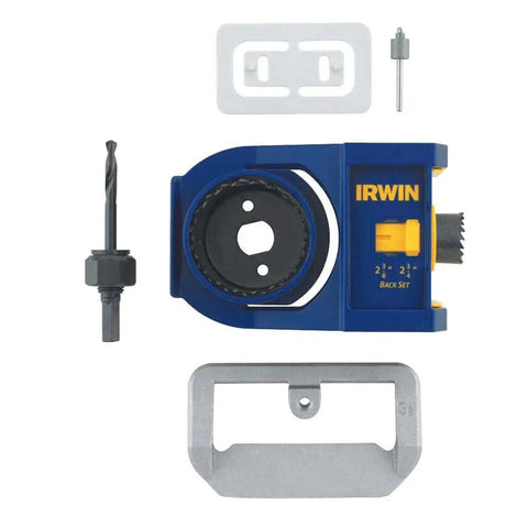 DIY Ready Door Lock Installation Kit With Bi Metal Hole Saws Self Centering Jig Mandrel Bolt Plate Template Router Bit And Hinge Plate Template Fits All Interior And Exterior Doors Adjustable For Common Door Widths components displayed