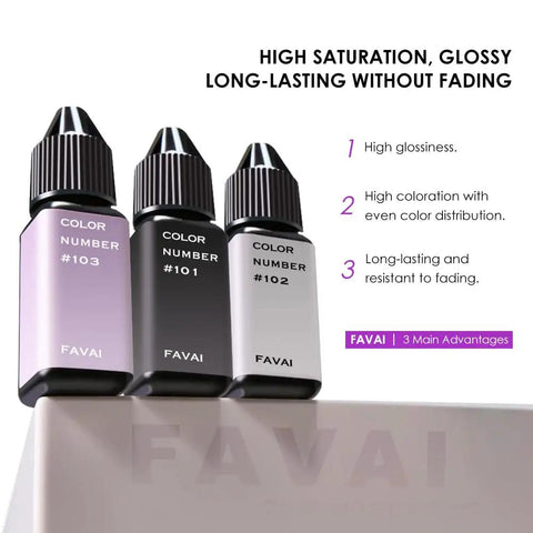 Three FAVAI nail polish bottles, colors #103, #101, and #102, highlighting high gloss and long-lasting formula.