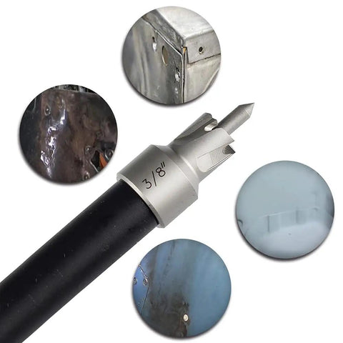 Spot Weld Cutter Set 5 Pack 3/8 Inch HSS Blades with power hand drill, ideal for thin metal sheets, close-up view with usage examples