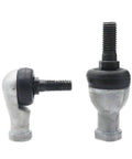 Bulletproof 90 Degree Ball Joint Rod End Bearing Drops Into Any Rig Or Build For Ridiculously Smooth Travel Includes Both Right And Left Threads Crafted From Hardened Steel That Handles Daily Abuse Without Putting On The Brakes, showing two angled steel rod ends with black rubber seals.