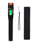 Fiber optic visual fault locator pen with red light tip, green switch, black body; includes wrist strap and fabric holster.