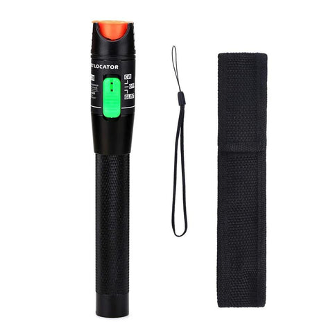 Fiber optic visual fault locator pen with red light tip, green switch, black body; includes wrist strap and fabric holster.