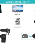 90 Degree Right Angle 1ft Power Cord NEMA 5-15P to IEC C13 shown with compatible devices like TV, computer, and kitchen appliances