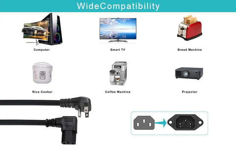 90 Degree Right Angle 1ft Power Cord NEMA 5-15P to IEC C13 shown with compatible devices like TV, computer, and kitchen appliances