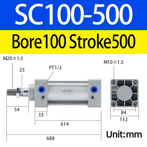 Long Stroke Pneumatic Cylinder With Magnetic, Beefy Dual Acting Aluminum Body For Industrial Automation, Model SC100X500.