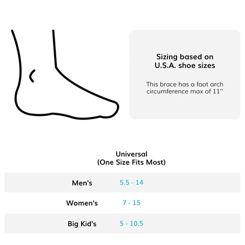 Display of shoe size chart for Soft Turf Toe Brace For Big Toe Relief With Taping Splint And Wraparound Support Straps.