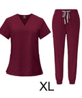 Red Scrub Set For Nurses And Spa Pros Top And Joggers Machine Washable Workwear XL size displayed on white background