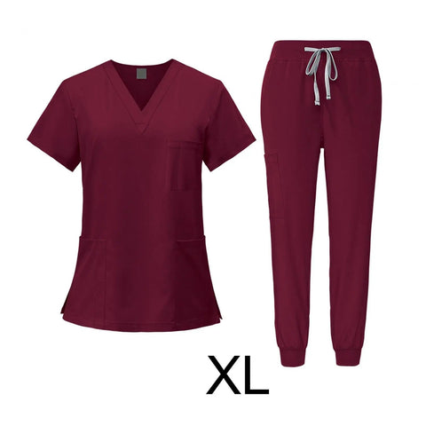 Red Scrub Set For Nurses And Spa Pros Top And Joggers Machine Washable Workwear XL size displayed on white background