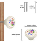 Ceramic Hand Painted Drawer Knobs Four Pack Vintage Floral Cabinet Pulls For Dresser Cupboard Wardrobe And Closet With Glossy White Flower Design And Smooth Operation; shows dimensions, floral pattern knobs with screws.