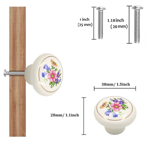 Ceramic Hand Painted Drawer Knobs Four Pack Vintage Floral Cabinet Pulls For Dresser Cupboard Wardrobe And Closet With Glossy White Flower Design And Smooth Operation; shows dimensions, floral pattern knobs with screws.