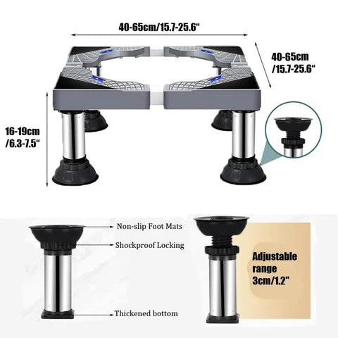 Diagram of Heavy Duty Adjustable Washing Machine Stand With Suction Feet, Retractable Width 40 To 65 Cm and Height 16 To 19 Cm