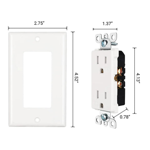 10 Pack Decorator Receptacle Outlet 15 Amp 125 Volt Tamper Resistant TR With Wall Plates Included UL Listed White Standard Wall Outlet