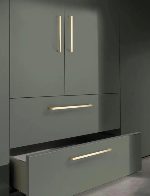 Kickstart Your Reno With This 10 Pack Of Brushed Gold Cabinet Pulls Solid Zinc Alloy Drawer Handles on gray cabinets.