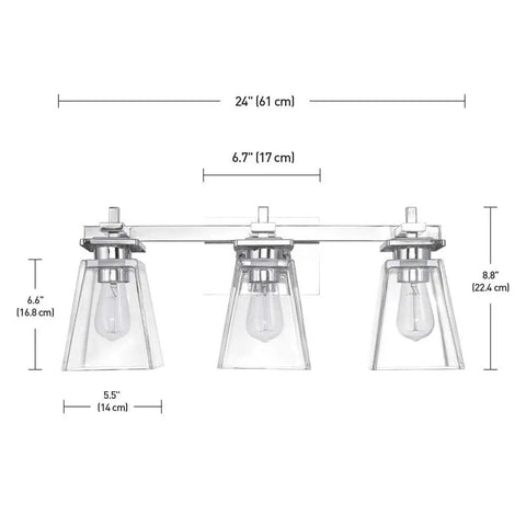 Yorke 5-Piece All-In-One Bathroom Set With Chrome Finish And Clear Glass Empire Shade Vanity Lights, 3-light fixture dimensions.