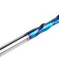Close-up of a nano blue coated solid carbide CNC end mill from Five Piece Spiral Router Bits Set Up Down Cut Compression Bits Quarter Inch Shank