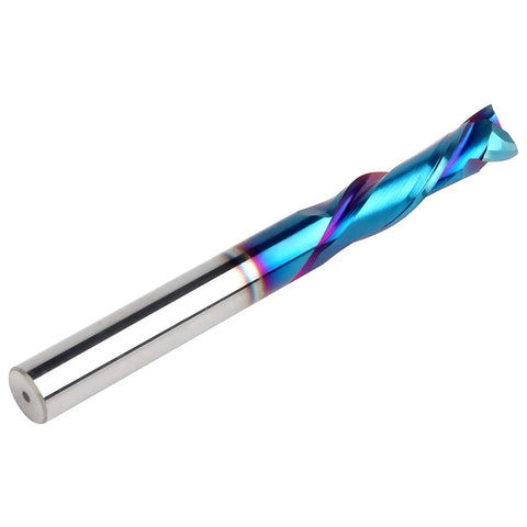 Close-up of a nano blue coated solid carbide CNC end mill from Five Piece Spiral Router Bits Set Up Down Cut Compression Bits Quarter Inch Shank