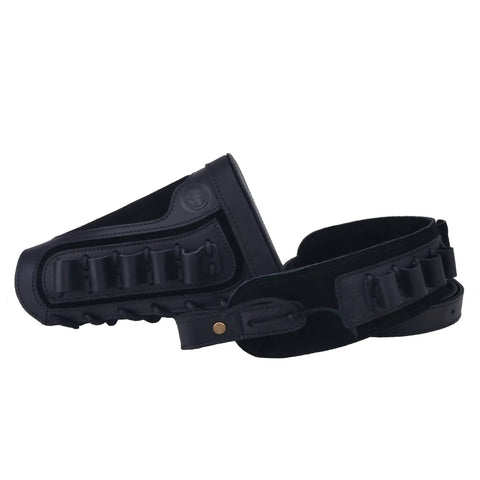 Premium Leather Gun Shell Holder Buttstock with Matched Rifle Sling for Left Hand Use, heavy duty veg-tanned cowhide, cushioned interior.