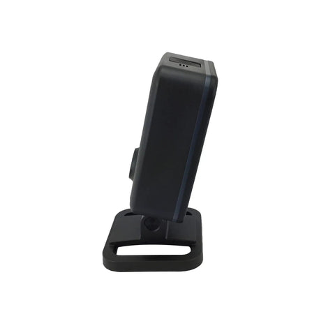 Side view of Flexible Hands Free Presentation Barcode Scanner 1D 2D And PDF417 With USB Cable 20 Percent Faster Scan Speed Large Reading Window 1 Megapixel Imager Upgraded XP 7680G Model For Retail Pharmacy And Warehouse on stand.