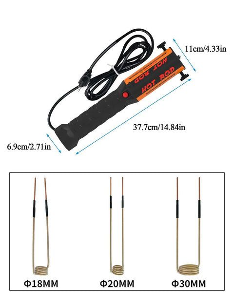 Solary 1100W induction heater kit with orange/black housing; power cord and three coils 18/20/30mm for rusty bolt removal