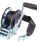 Trailer Winch With 20 Foot Strap And Hook 1500 Lb Capacity Single Speed Hand Crank Beefy Solid Drum Gear System for easy hauling