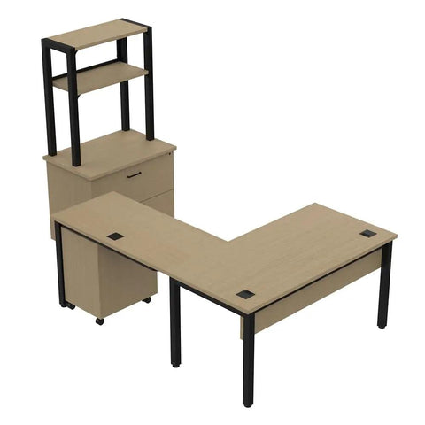 Built Tough Industrial L Shaped Desk Workstation Prime Executive Office Setup Featuring Ample Storage Drawers and corner shelves.