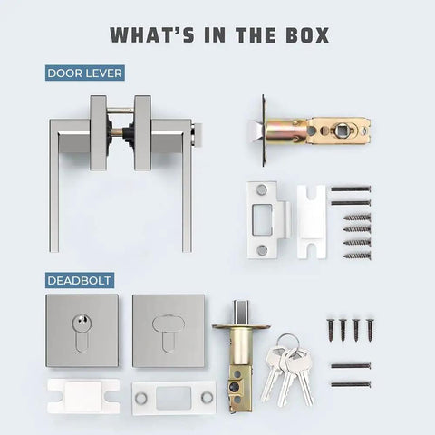 Two Pack Keyed Entry Lever and Deadbolt Lockset With Polished Chrome Finish components including screws and keys
