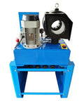 Top Shelf Heavy Duty Electric Hydraulic Hose Crimper With Precision Micrometer Scale And Thirteen Die Sets For Smoothly Crushing Zero Point Five Five To Two Point Seven Inch Fittings Fast With Four Eighty Volt Power showcasing blue machine with motor and crimping assembly.