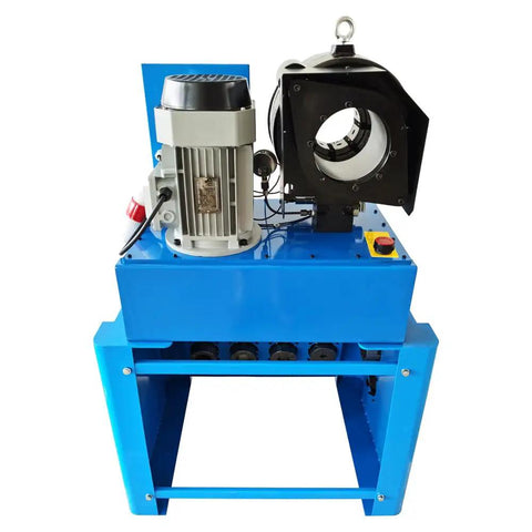Top Shelf Heavy Duty Electric Hydraulic Hose Crimper With Precision Micrometer Scale And Thirteen Die Sets For Smoothly Crushing Zero Point Five Five To Two Point Seven Inch Fittings Fast With Four Eighty Volt Power showcasing blue machine with motor and crimping assembly.