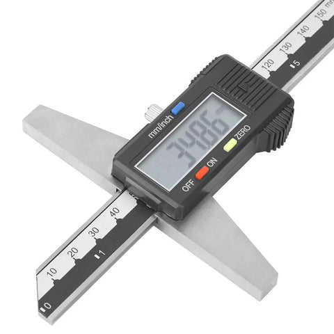 Stainless Steel Digital Depth Gauge Caliper 0-150mm Range with 0.01mm Resolution Vernier Depth Measurement Tool Easy Read LCD on white background