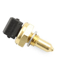 Brass threaded automotive coolant temperature sensor with black plastic connector, side view.