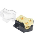 Two Way Car Audio Power Distribution Block With 0 2 4 AWG In And 4 8 10 AWG Out Copper High Performance Block With High Temp Plastic Cover Beefy Amp Splitter For Automotive RV ATV Boat And Marine Audio Systems black copper block with clear cover