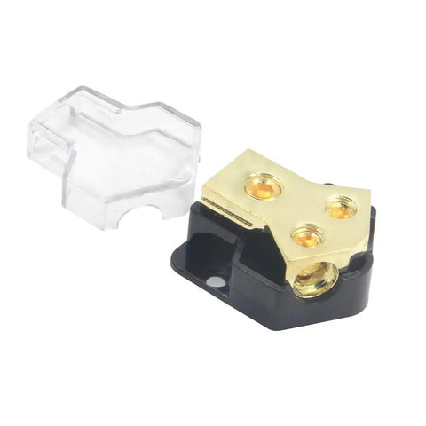 Two Way Car Audio Power Distribution Block With 0 2 4 AWG In And 4 8 10 AWG Out Copper High Performance Block With High Temp Plastic Cover Beefy Amp Splitter For Automotive RV ATV Boat And Marine Audio Systems black copper block with clear cover