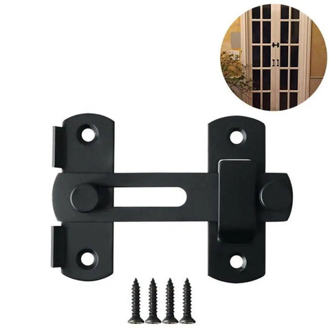 Top Shelf Matte Black Stainless Steel Gate Latch Flip Lock Safety Door Bolt Heavy Duty Sliding Barn Hardware Tough Rust Proof Catch With No Sweat Install Kit with mounting screws and latch mechanism.
