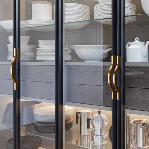 Glass cabinet doors with Golden Wave Shaped Cabinet Pulls Set Of 6 With Glossy Cupboard Drawer Knobs Heavy Duty Elegant Handles installed.