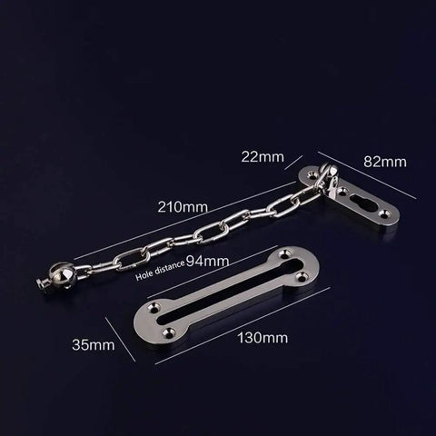 Heavy Duty Stainless Steel Door Security Chain Lock With Rock Solid Zinc Alloy Deadbolt Assembly For Front Door Entryway view with measurements