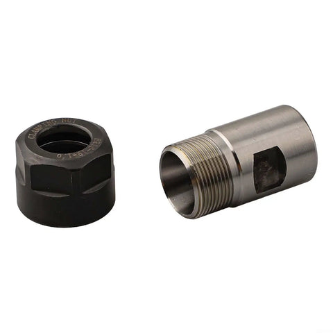 Ultimate ER Collet Sleeve Thread Adapter Kit For Engraving Spindle Motors, includes a black clamping nut and metal adapter.