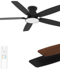 Flush Mount Ceiling Fan With Light 52 Inch Remote Control 3CCT Dimmable LED Six Speed Ultra Quiet Reversible DC Motor Low Profile Hugger For Indoor Outdoor 90 To 264 Volt Matte Black with remote and blade detail.