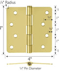 Heavy Duty Steel Door Hinges Satin Brass Finish 4 Inch Radius with measurements, one quarter inch pin diameter.