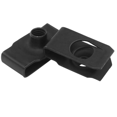 Top Shelf M6 U Style Clip Nuts, 25 Piece Black Automotive Bumper Fender Fastener Kit, close-up of heavy duty carbon steel clips.