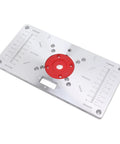 Hefty Aluminum Router Plate With Four Snap On Insert Rings For Sharp Wood Milling Trimming And Butter Smooth Engraving Jobs Shop Pro Gear, silver aluminum plate with red insert and measurements.