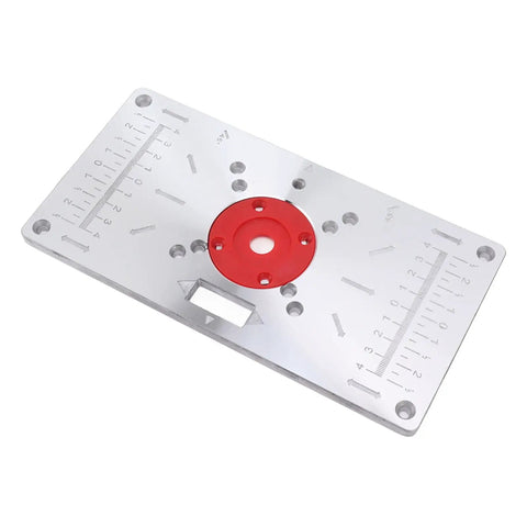 Hefty Aluminum Router Plate With Four Snap On Insert Rings For Sharp Wood Milling Trimming And Butter Smooth Engraving Jobs Shop Pro Gear, silver aluminum plate with red insert and measurements.