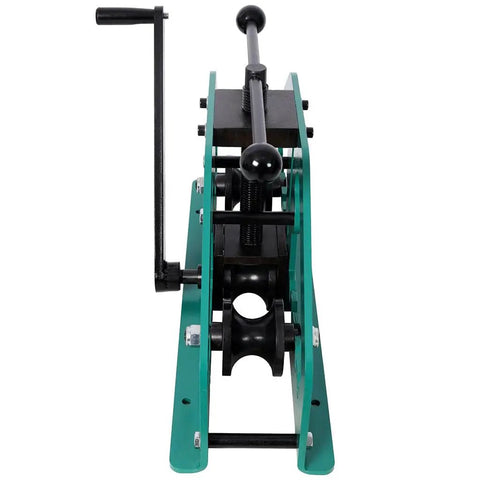 Upgrade Your Workshop With This Heavy Duty Aynuma Manual Tube Roller Bender featuring a sturdy green chassis and black manual crank handle.
