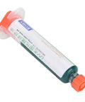 Close-up of a green and orange flux applicator from the Hands-On DIY Solder Paste Repair Kit For PCBs with BGA Reball Stencil.