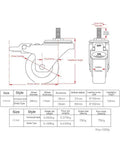 Diagram of Pack Of Four 1.5 Inch Beefy Stainless Steel Silent Brake Casters For Universal Racks with dimensions and specs
