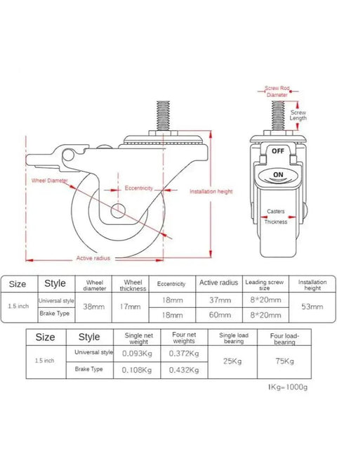 Diagram of Pack Of Four 1.5 Inch Beefy Stainless Steel Silent Brake Casters For Universal Racks with dimensions and specs
