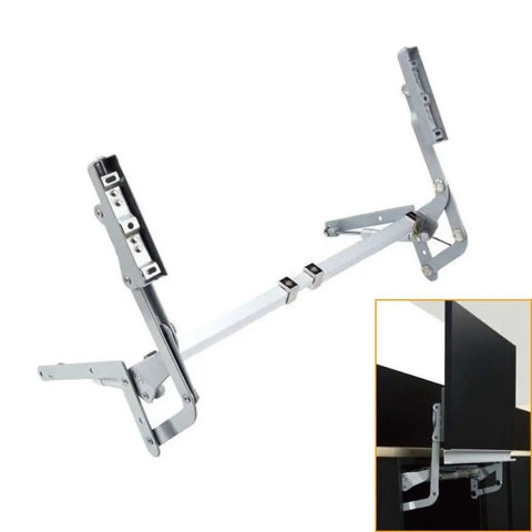 Vertical Lift Cabinet Door Hinge With Pneumatic Flap Up Support For Overhead Cabinets shown in extended and installed views